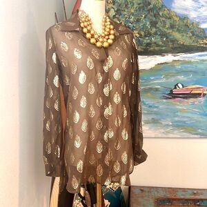 Hale Bob, Silk on Gold Metallic Embellishment,Long Sleeve,Excellent Cond.Size XS